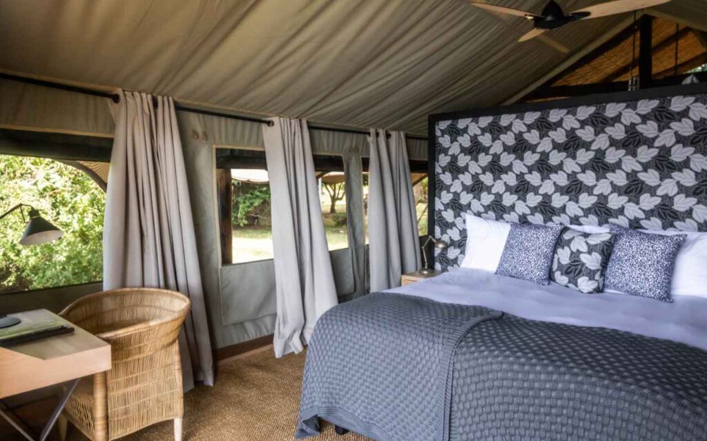 Safari accommodation showing a double bed in Chongwe, Zambia.