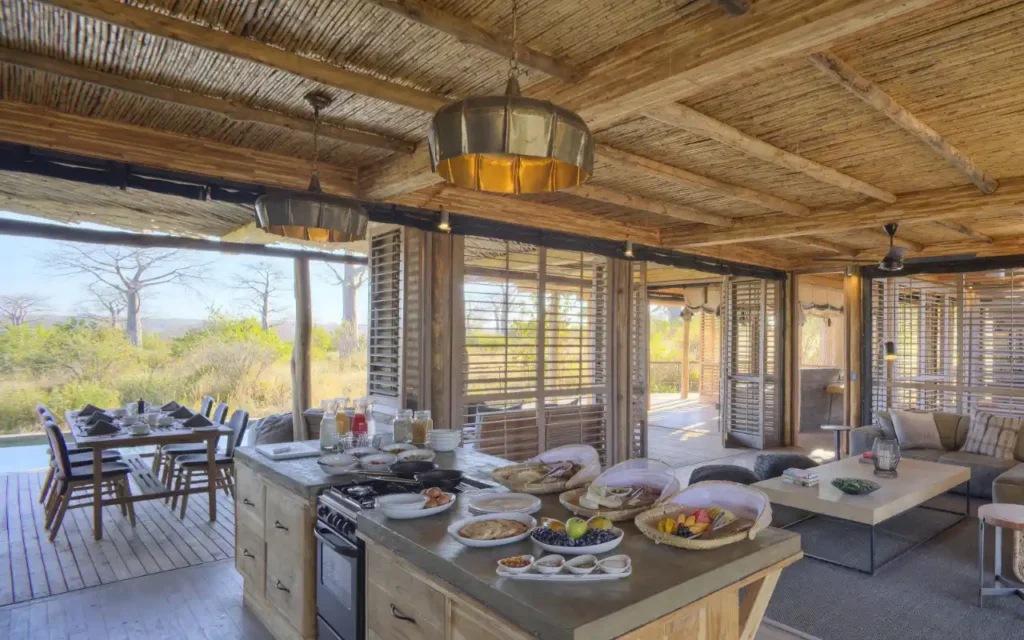 Indoor cooking area with seating